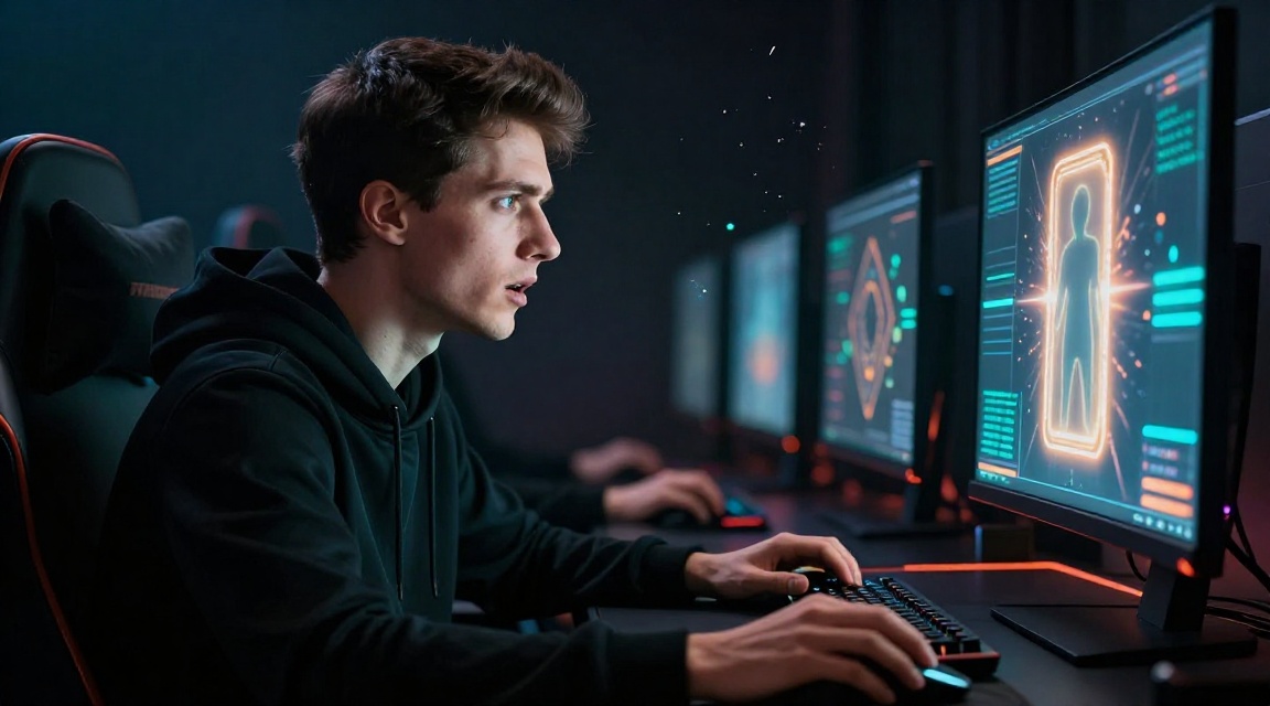 Молодой геймер открывает кейс CS2 на мониторе, неоновая подсветка, момент напряжения и азарта